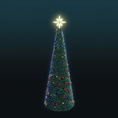 Choinka stożkowa LED o wysokości 5,8 metra, udekorowana kolorowymi bombkami i białymi światełkami LED, zwieńczona świecącą gwiazdą. Tworzy efekt skrzącego się śniegu na tle ciemnego nieba.