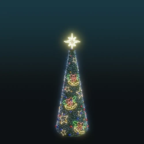 Stożkowa choinka o wysokości 4,8 metra z iluminacją LED, ozdobiona świetlnymi motywami dzwonków, gwiazdek i kokard oraz kolorowymi bombkami.