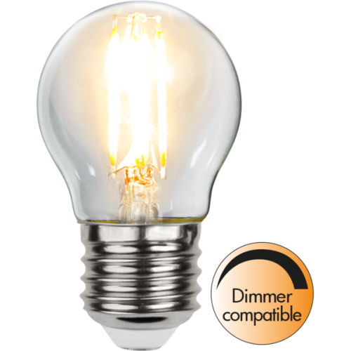 Żarówka LED E27 A60 z dwoma filamentami, ciepłe białe światło, przezroczysta bańka, kompatybilna ze ściemniaczem.