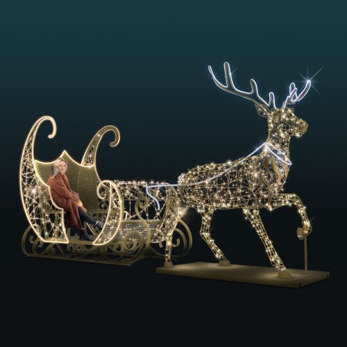 Iluminacja świąteczna Księżycowe Sanie z Reniferem 3D – przestrzenna dekoracja LED o wysokości 2,7 m i długości 5,6 m, z efektem NEON LED i eko drukiem 3D, tworząca bajkowy fotopunkt.