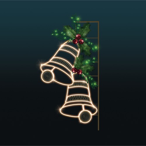 Dekoracja latarniowa 2D Dzwonki Świąteczne z NEON LED – podświetlana iluminacja w ciepłej barwie, z eko druku 3D i ozdobnymi bombkami, przeznaczona do oświetlenia miejskich ulic.