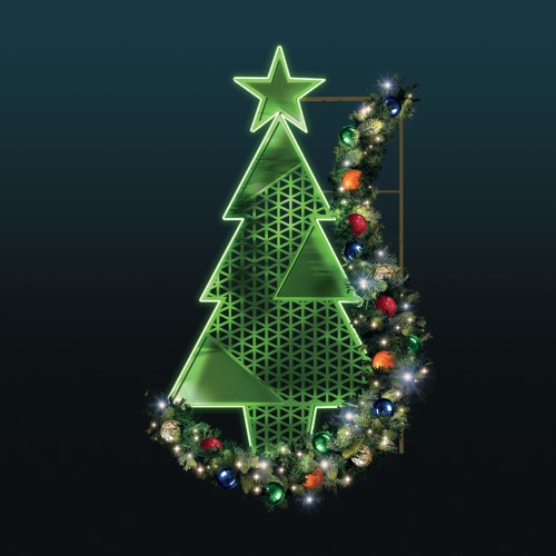 Dekoracja latarniowa LED 2D Choinka Zielona – świąteczna iluminacja z eko drukiem 3D, liniowym oświetleniem LED i ozdobnym igliwiem z kolorowymi bombkami, w eleganckim nowoczesnym stylu.