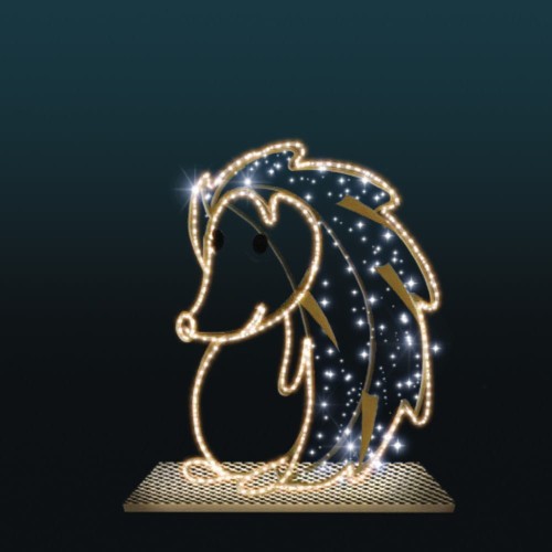 Dekoracyjna figura jeża LED na ciemnym tle z podświetlanym konturem i efektami świetlnymi, nowoczesna ozdoba parkowa do iluminacji miejskich, eventów i świątecznych aranżacji przyciągająca uwagę.