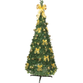 Zielona choinka typu pop-up ozdobiona złotymi bombkami i kokardkami, stojąca na stabilnym, czarnym stojaku. Czubek zwieńczony dużą złotą kokardą.