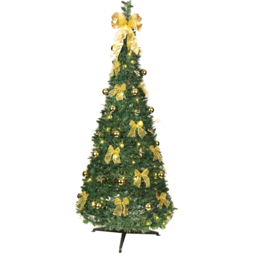 Zielona choinka typu pop-up ozdobiona złotymi bombkami i kokardkami, stojąca na stabilnym, czarnym stojaku. Czubek zwieńczony dużą złotą kokardą.