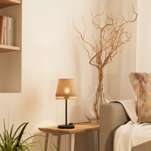 Lampa stołowa TABLEY tkanina drewno naturalny brązowy E27