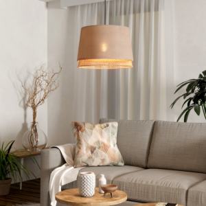 Lampa wisząca TABLEY tkanina drewno naturalny brązowy E27