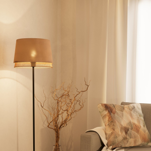 Lampa podłogowa TABLEY tkanina drewno naturalny brązowy E27