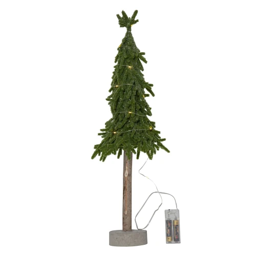 Smukła choinka LED o wysokości 55 cm z zielonymi gałązkami i betonową podstawą, zasilana na baterie, przewód zasilający widoczny obok podstawy.