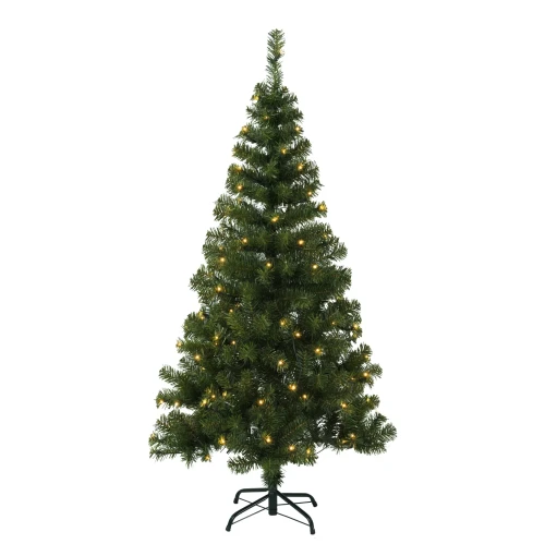 Choinka sztuczna na stojaku z wbudowanym oświetleniem LED, ustawiona na białym tle, z równomiernie rozmieszczonymi ciepłymi punktami świetlnymi.