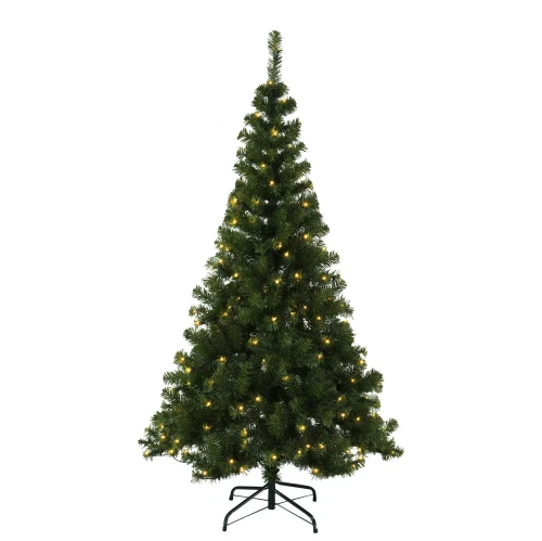 Sztuczna zielona choinka z wbudowanym oświetleniem LED w ciepłym odcieniu, ustawiona na metalowym stojaku, prezentowana na białym tle z równomiernie rozmieszczonymi punktami świetlnymi.