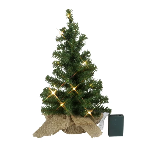 Mała choinka LED o wysokości 45 cm z zielonym igliwiem i świecącymi lampkami, ustawiona na białym tle, z widocznym pudełkiem na baterie.