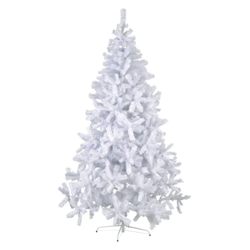 Sztuczna biała choinka o gęstym igliwiu i symetrycznym kształcie, ustawiona na metalowym stojaku, prezentowana na białym tle, tworząca efekt oszronionej, zimowej dekoracji.