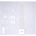 Naklejka LED w formie zimowego miasteczka z podświetloną gwiazdą na szczycie centralnego domu, pokazana na białym tle z widocznym dotykowym włącznikiem.