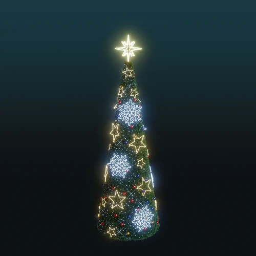 Choinka stożkowa o wysokości 5,8 m z iluminacją NEON LED w formie śnieżynek i gwiazdek oraz jasną gwiazdą na szczycie.