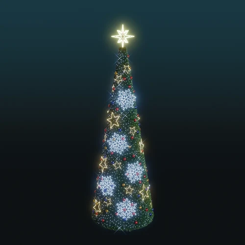 Choinka stożkowa o wysokości 6,8 m z iluminacją NEON LED w formie śnieżynek i gwiazdek oraz jasną gwiazdą na szczycie.