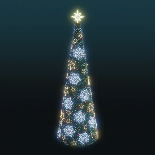 Choinka stożkowa o wysokości 7,8 m z iluminacją NEON LED w formie śnieżynek i gwiazdek oraz jasną gwiazdą na szczycie.
