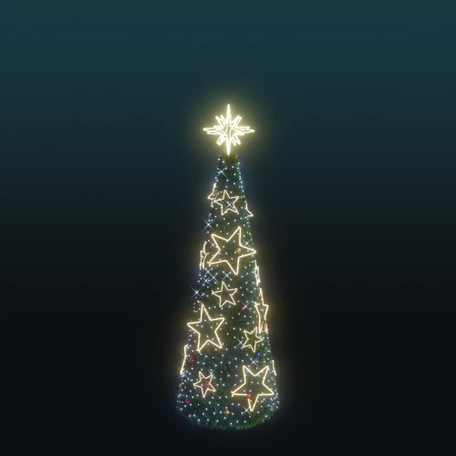 Stożkowa choinka 3,8 metra z gęstym zielonym igliwiem, udekorowana świecącymi gwiazdkami neon LED w ciepłej barwie i drobnymi kolorowymi punktami świetlnymi, zakończona neonową gwiazdą na szczycie.
