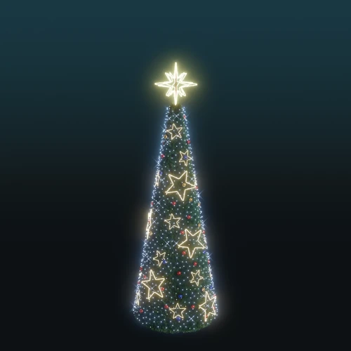 Stożkowa choinka 4,8 metra z gęstym zielonym igliwiem, udekorowana świecącymi gwiazdkami neon LED w ciepłej barwie i drobnymi kolorowymi punktami świetlnymi, zakończona neonową gwiazdą na szczycie.