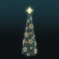 Wysoka stożkowa choinka 5,8 metra z gęstym zielonym igliwiem, udekorowana świecącymi gwiazdkami neon LED w ciepłej barwie i drobnymi kolorowymi punktami świetlnymi, zakończona neonową gwiazdą na szczycie.