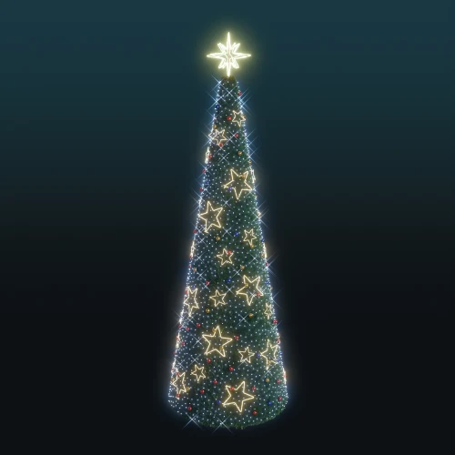 Wysoka stożkowa choinka 6,8 metra z gęstym zielonym igliwiem, udekorowana świecącymi gwiazdkami neon LED w ciepłej barwie i drobnymi kolorowymi punktami świetlnymi, zakończona neonową gwiazdą na szczycie.