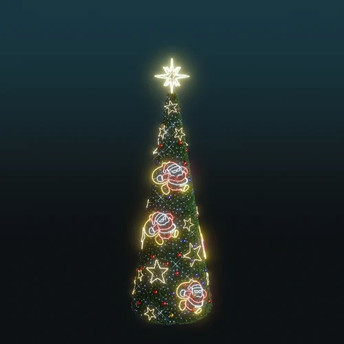 Stożkowa choinka świąteczna o wysokości 5,8 m, ozdobiona neonowymi sylwetkami Mikołajów i gwiazdek NEON LED w wielu kolorach, z jasno świecącą gwiazdą na szczycie, ustawiona na ciemnym tle.