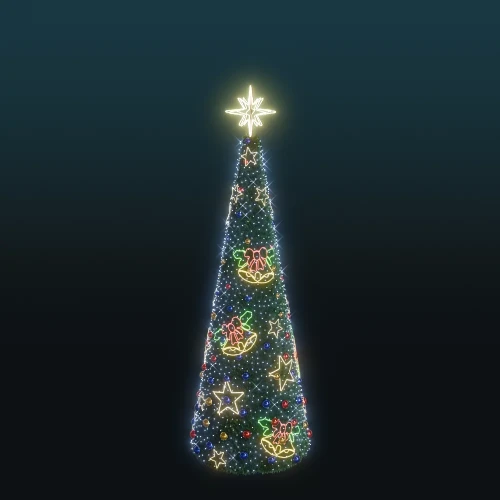 Stożkowa choinka o wysokości 5,8 metra z iluminacją LED, ozdobiona świetlnymi motywami dzwonków, gwiazdek i kokard oraz kolorowymi bombkami.