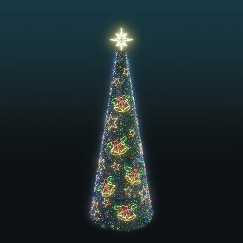Stożkowa choinka o wysokości 6,8 metra z iluminacją LED, ozdobiona świetlnymi motywami dzwonków, gwiazdek i kokard oraz kolorowymi bombkami.