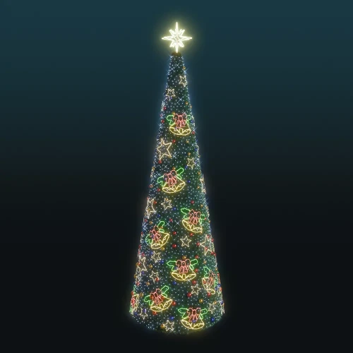 Stożkowa choinka o wysokości 7,8 metra z iluminacją LED, ozdobiona świetlnymi motywami dzwonków, gwiazdek i kokard oraz kolorowymi bombkami.