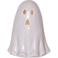 Ceramiczny duszek LED na białym tle, z delikatnie podświetlonymi oczami i ustami. Gładka, błyszcząca powierzchnia i prosta forma podkreślają spokojny, dekoracyjny charakter.