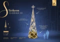 Stożkowa choinka 3D o wysokości 6,8 metra z ażurową konstrukcją, złotymi bombkami, dekoracyjnym oświetleniem LED i gwiazdą na szczycie, ustawiona na tle miejskiej architektury.