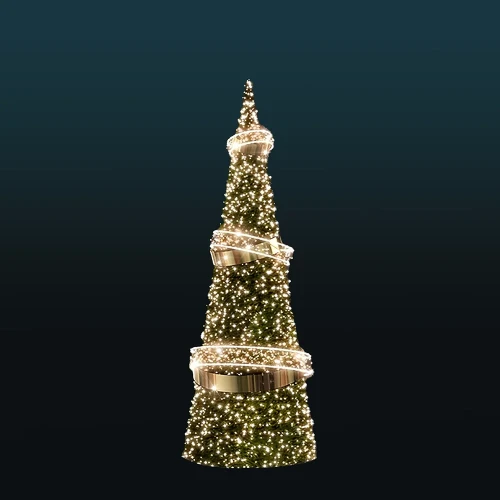 Choinka stożkowa LED 6 metrów wysokości z gęstym zielonym igliwiem i trzema spiralnymi, złotymi pierścieniami, podświetlona ciepłym światłem.