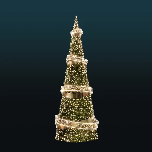 Choinka stożkowa LED 8 metrów wysokości z gęstym zielonym igliwiem i trzema spiralnymi, złotymi pierścieniami, podświetlona ciepłym światłem.