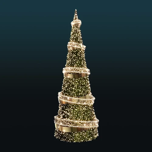 Choinka stożkowa LED 10 metrów wysokości z gęstym zielonym igliwiem i trzema spiralnymi, złotymi pierścieniami, podświetlona ciepłym światłem.