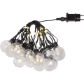 Zestaw girlandy LED Bolla – 20 przezroczystych kul z mikro diodami LED na czarnym płaskim kablu, zasilanie sieciowe, widok produktu na czarnym tle.