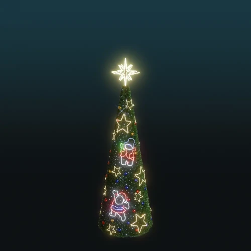Wysoka choinka stożkowa 4,8 m o konstrukcji z gęstym zielonym igliwiem, udekorowana neonowymi postaciami Mikołajów, bałwanków i gwiazdek LED, zakończona jasną świetlną gwiazdą na szczycie.