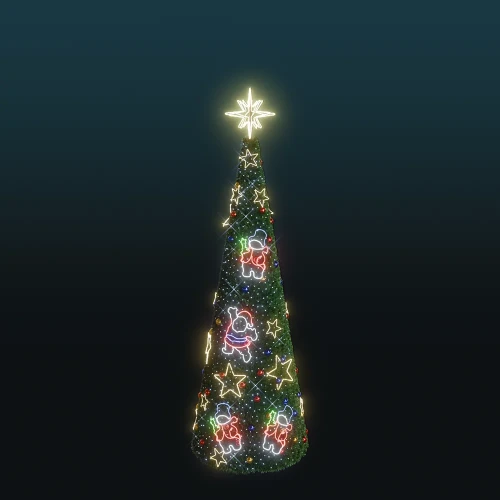 Wysoka choinka stożkowa 5,8 m o konstrukcji z gęstym zielonym igliwiem, udekorowana neonowymi postaciami Mikołajów, bałwanków i gwiazdek LED, zakończona jasną świetlną gwiazdą na szczycie.