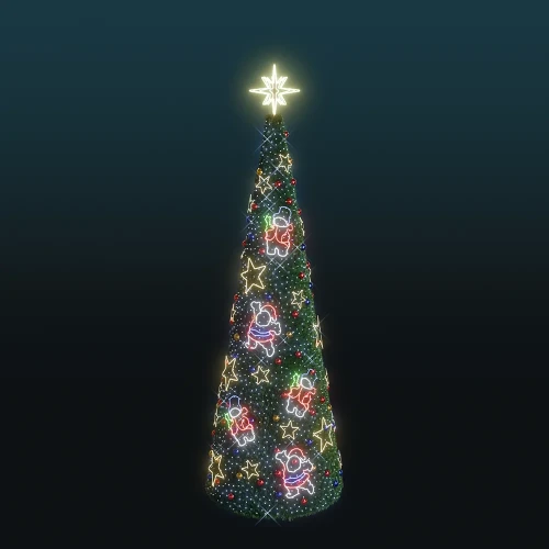 Wysoka choinka stożkowa 6,8 m o konstrukcji z gęstym zielonym igliwiem, udekorowana neonowymi postaciami Mikołajów, bałwanków i gwiazdek LED, zakończona jasną świetlną gwiazdą na szczycie.