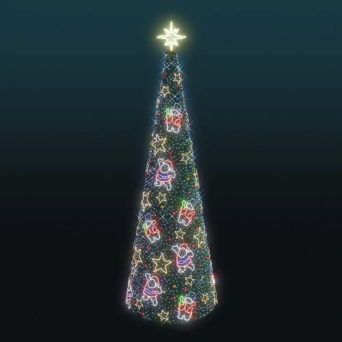 Wysoka choinka stożkowa 7,8 m o konstrukcji z gęstym zielonym igliwiem, udekorowana neonowymi postaciami Mikołajów, bałwanków i gwiazdek LED, zakończona jasną świetlną gwiazdą na szczycie.