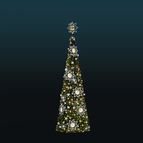 Stożkowa choinka 6,8 m udekorowana bombkami w kolorze złota i srebra oraz pięcioma dużymi, świetlistymi gwiazdami LED rozmieszczonymi równomiernie na wysokości drzewa. Tło ciemne, neutralne.