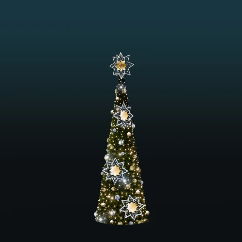Stożkowa choinka 4,8 m udekorowana bombkami w kolorze złota i srebra oraz pięcioma dużymi, świetlistymi gwiazdami LED rozmieszczonymi równomiernie na wysokości drzewa. Tło ciemne, neutralne.