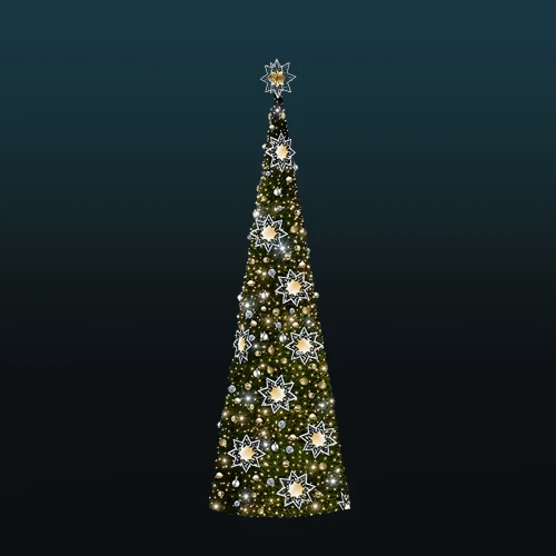 Stożkowa choinka 8,8 m udekorowana bombkami w kolorze złota i srebra oraz pięcioma dużymi, świetlistymi gwiazdami LED rozmieszczonymi równomiernie na wysokości drzewa. Tło ciemne, neutralne.