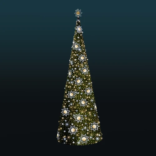 Stożkowa choinka 11,2 m udekorowana bombkami w kolorze złota i srebra oraz pięcioma dużymi, świetlistymi gwiazdami LED rozmieszczonymi równomiernie na wysokości drzewa. Tło ciemne, neutralne.