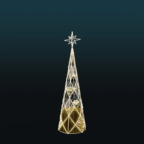Jasno oświetlona choinka stożkowa 3D z aluminiową ażurową konstrukcją, złotymi bombkami i dekoracyjną gwiazdą na szczycie, z efektownym wzorem świetlnym spiralnie oplatającym całość.