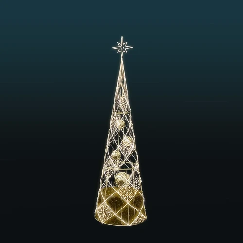 Jasno oświetlona choinka stożkowa 3D z aluminiową ażurową konstrukcją, złotymi bombkami i dekoracyjną gwiazdą na szczycie, z efektownym wzorem świetlnym spiralnie oplatającym całość.