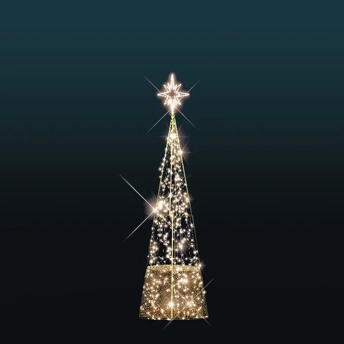 Choinka stożkowa 3D 4,8 metra z migoczącymi diodami LED na złotej, ażurowej konstrukcji, zakończona świetlną gwiazdą, ustawiona na ciemnym tle z efektem skrzącego światła.