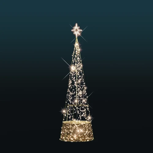 Choinka stożkowa 3D 6,8 metra z migoczącymi diodami LED na złotej, ażurowej konstrukcji, zakończona świetlną gwiazdą, ustawiona na ciemnym tle z efektem skrzącego światła.