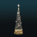 Choinka stożkowa 3D 8,8 metra z migoczącymi diodami LED na złotej, ażurowej konstrukcji, zakończona świetlną gwiazdą, ustawiona na ciemnym tle z efektem skrzącego światła.