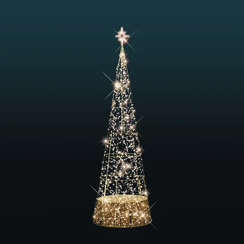 Choinka stożkowa 3D 8,8 metra z migoczącymi diodami LED na złotej, ażurowej konstrukcji, zakończona świetlną gwiazdą, ustawiona na ciemnym tle z efektem skrzącego światła.
