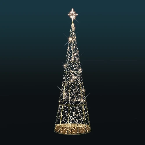 Choinka stożkowa 3D 11,15 metra z migoczącymi diodami LED na złotej, ażurowej konstrukcji, zakończona świetlną gwiazdą, ustawiona na ciemnym tle z efektem skrzącego światła.